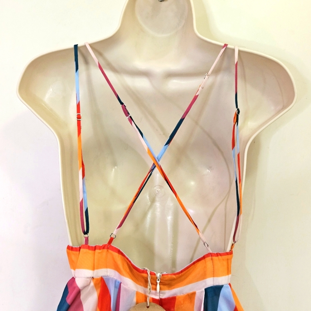 ESSUE Red/Orange Multi-Color Striped Deep Plunge Strappy Mini Dress,Large,NWT - Picture 11 of 16